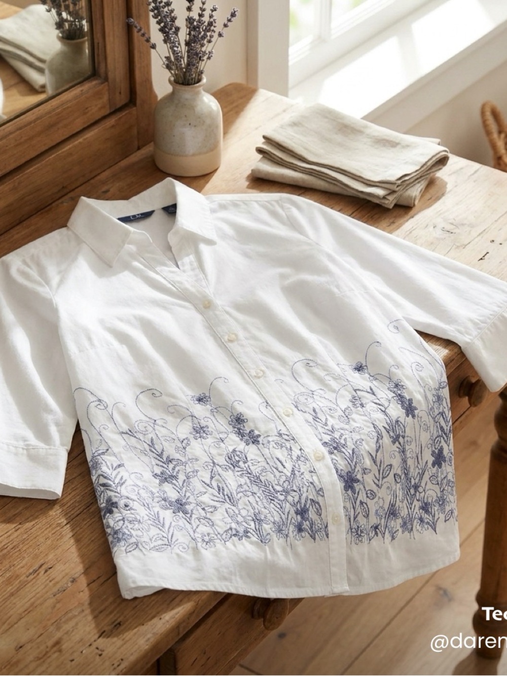CB casual White Button-Front Blouse with Blue Floral Hem